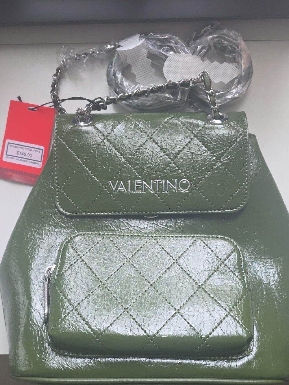 Valentino Green Quilted Patent Shoulder Bag Or Backpack Style with Silver Chain